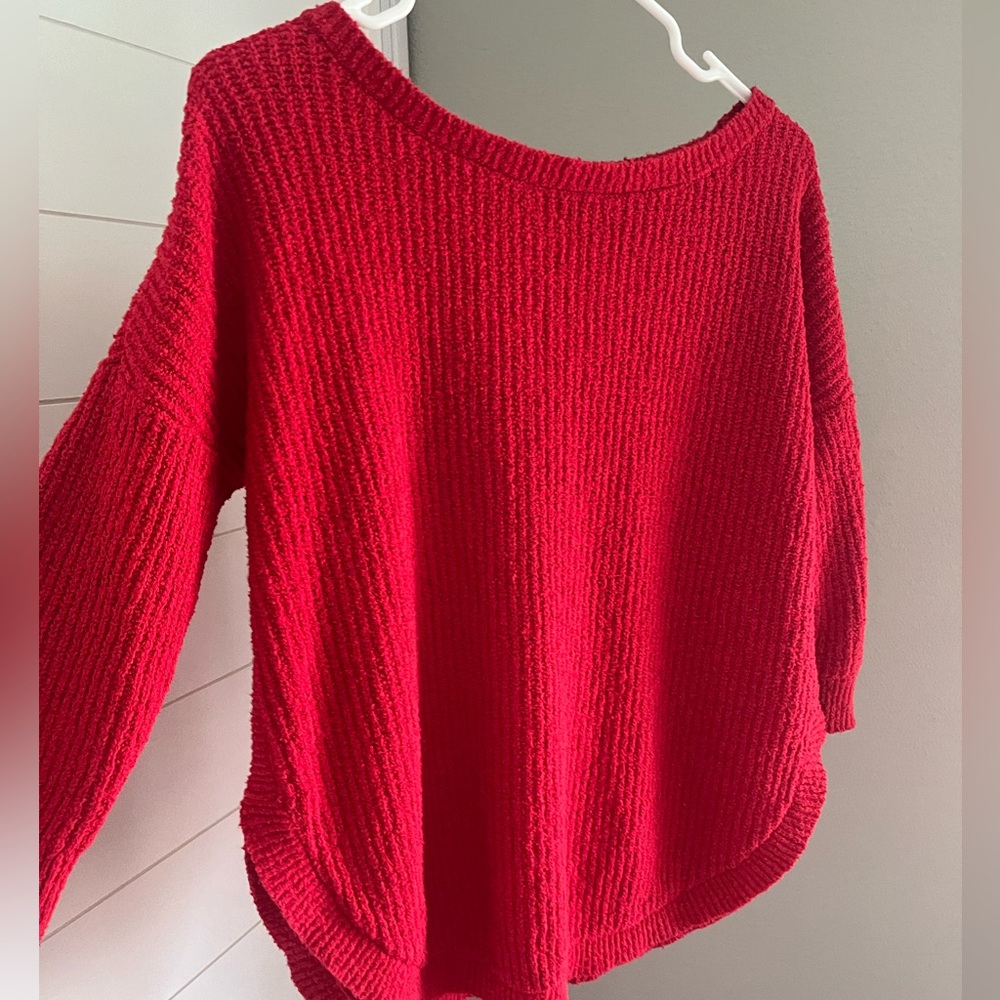 Red boatneck sweater from Express.